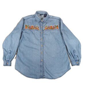 Solutions Casualwear Shirt Women Large Floral Embroidered Denim 100% Cotton